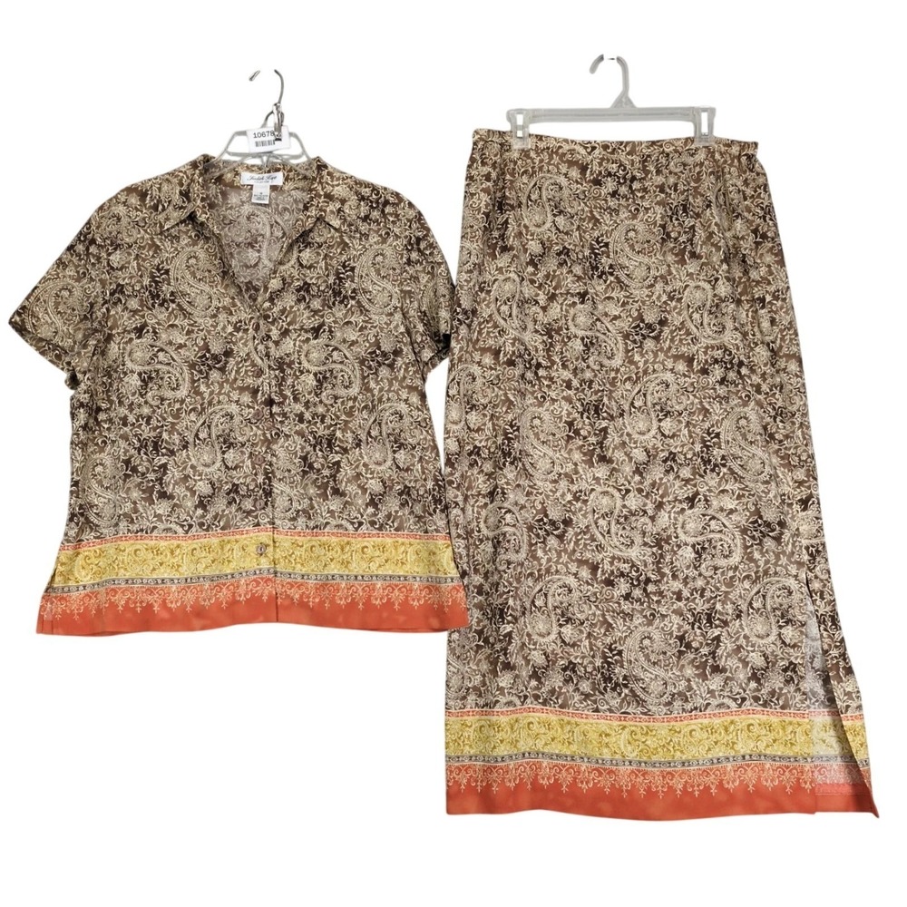 Vintage Y2K Judith Hart Brown Paisley 2pc Outfit Womens 16 Blouse Midi Skirt Set